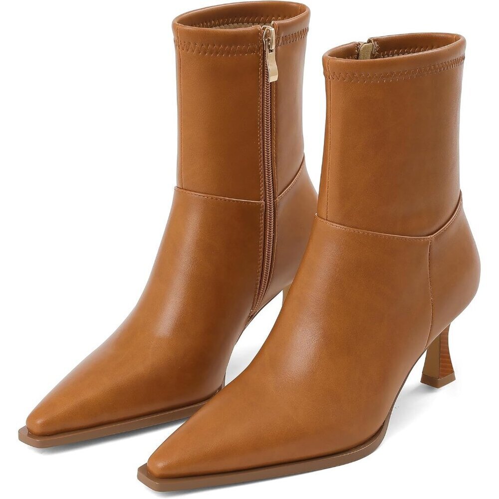 Women's Light Brown Fall Side Zip Ankle Mid Calf Pointed Toe Kitten Heel Boots